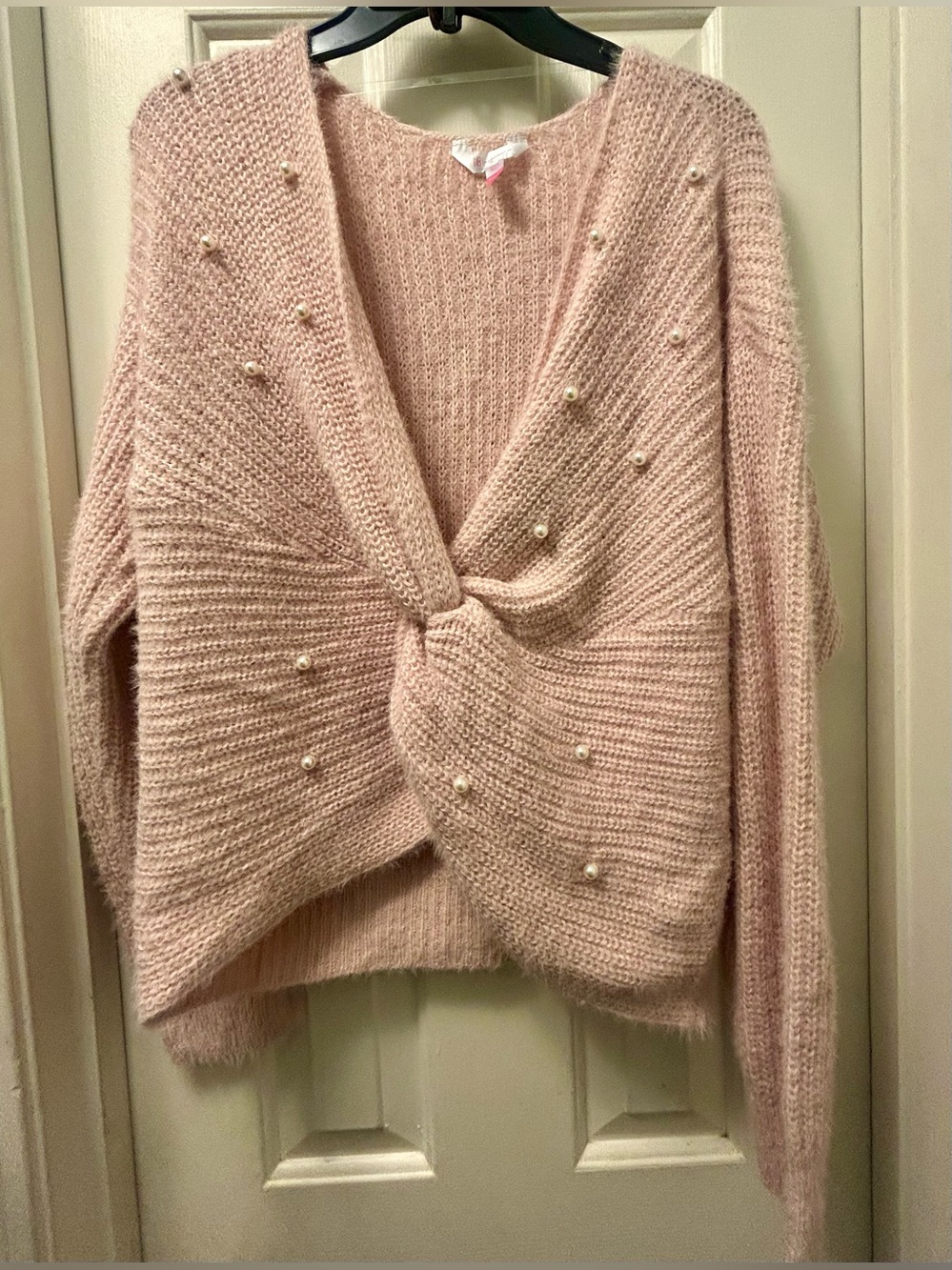 NWT Soft Pink Knitted Twist-Front Sweater with Pearl Accents